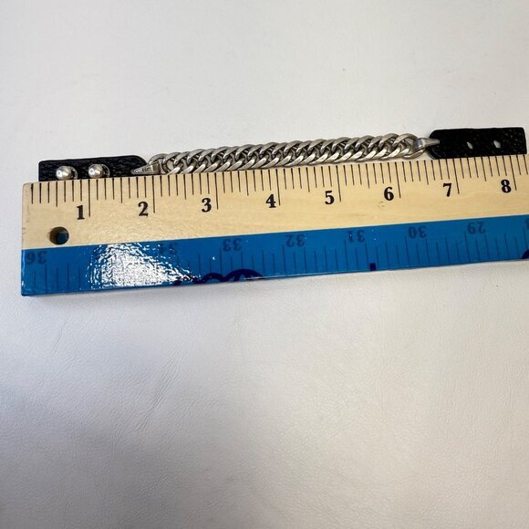 Chunky Chain & Leather Bracelet Signed JB Silver-Tone Black Biker Punk Grunge - Picture 6 of 7